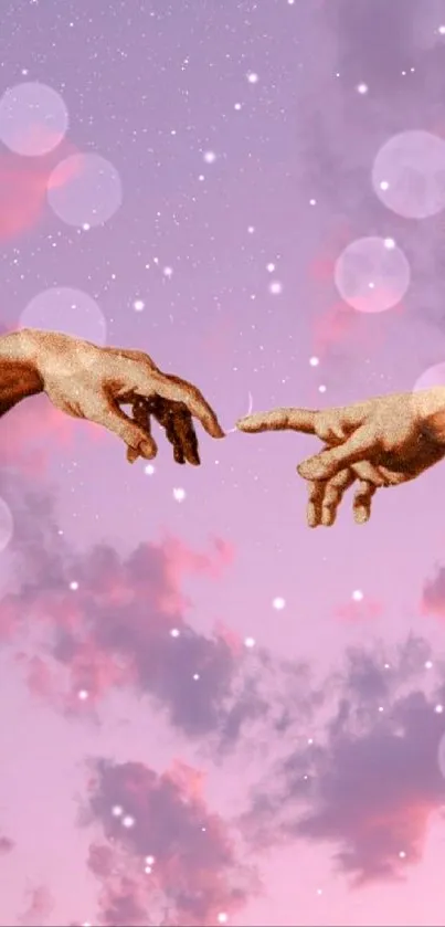 Artistic hands under a purple-pink sky wallpaper for mobile.