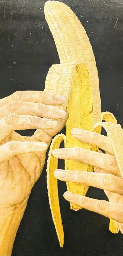 Detailed hands peeling a banana against a dark background.