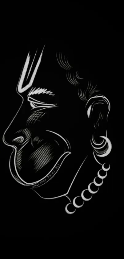 Minimalist white sketch of Hanuman on black wallpaper.