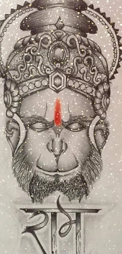 Intricate pencil sketch of Hanuman with a subtle red accent.