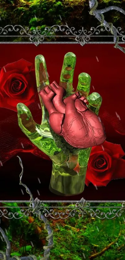 Artistic wallpaper with heart, hand, and red roses.