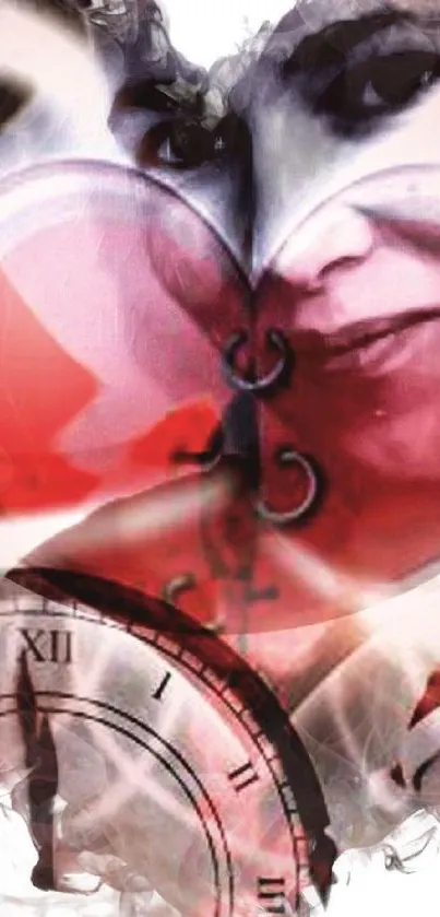 Artistic wallpaper with heart and clock design blending abstract elements.