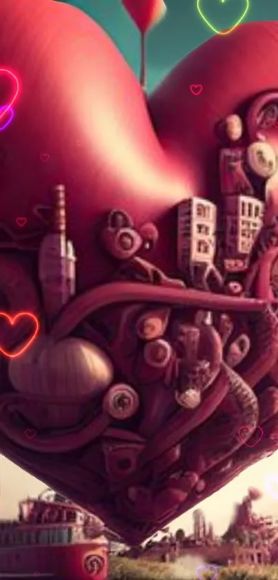 Artistic heart-shaped cityscape with neon details and vibrant colors.