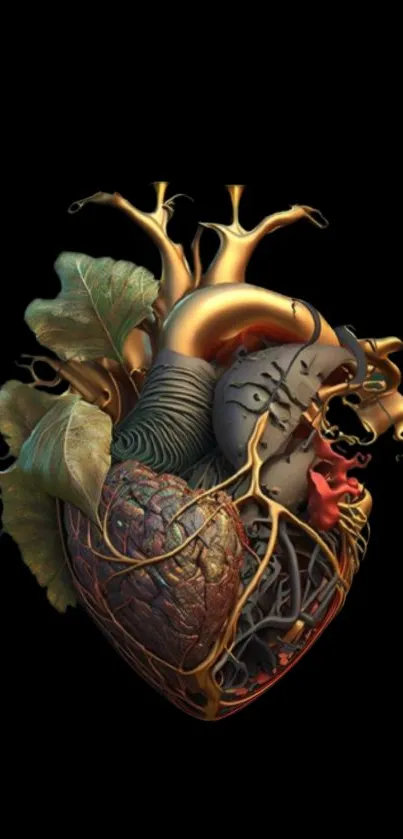 3D abstract heart design with nature elements on a dark background.