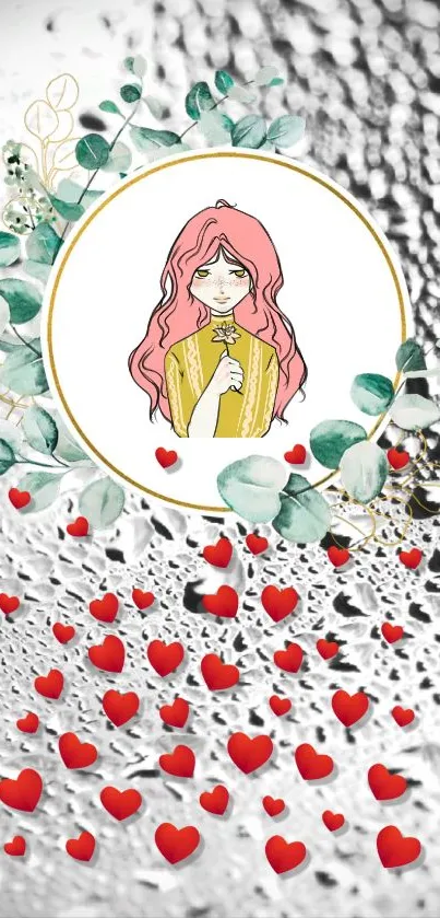 Anime girl with pink hair surrounded by hearts and leaves on silver background.