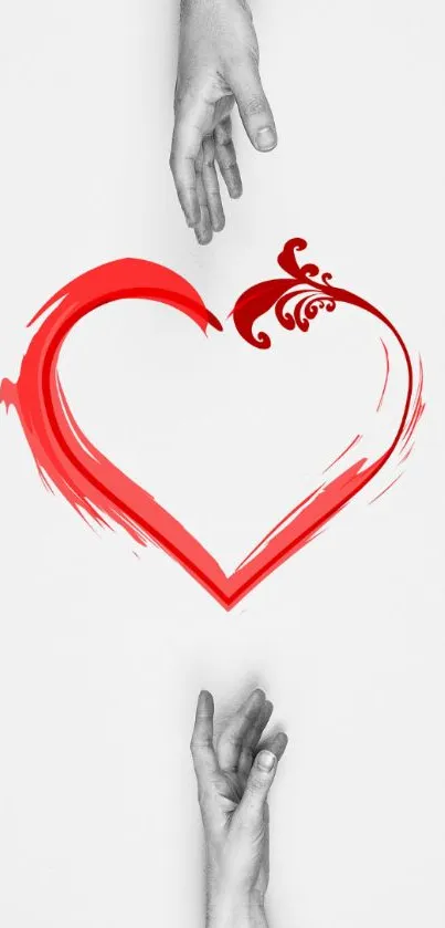 Mobile wallpaper with red heart and artistic hands design.