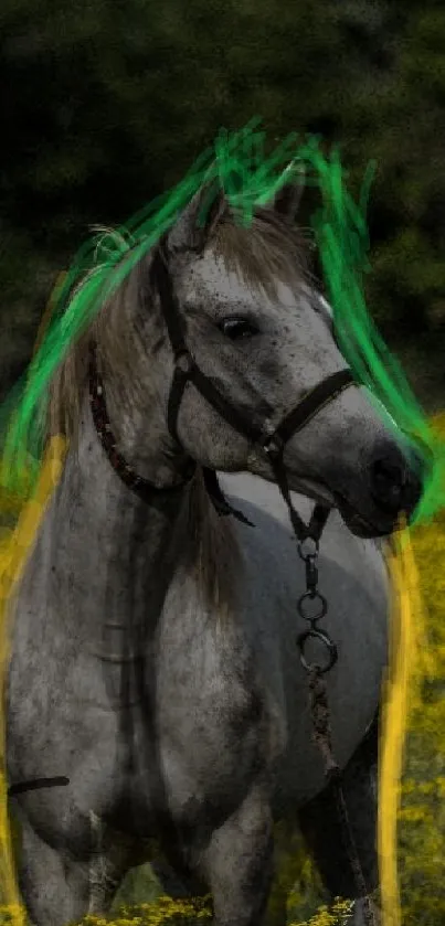 Artistic horse with green mane in yellow flower field.