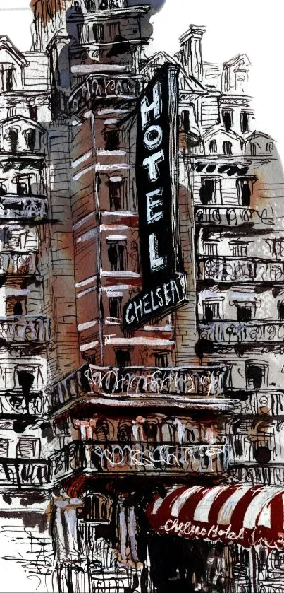 Artistic sketch of a historic hotel facade with intricate details and vintage charm.