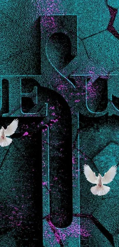 Jesus cross with doves on textured teal background wallpaper.