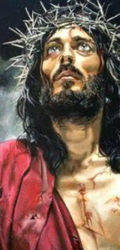 Artistic painting of Jesus with thorn crown in dark red tones.