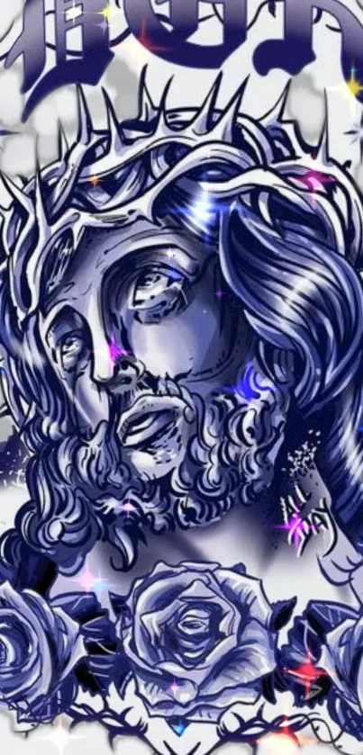 Artistic Jesus portrait in blue monochrome with roses and thorns.