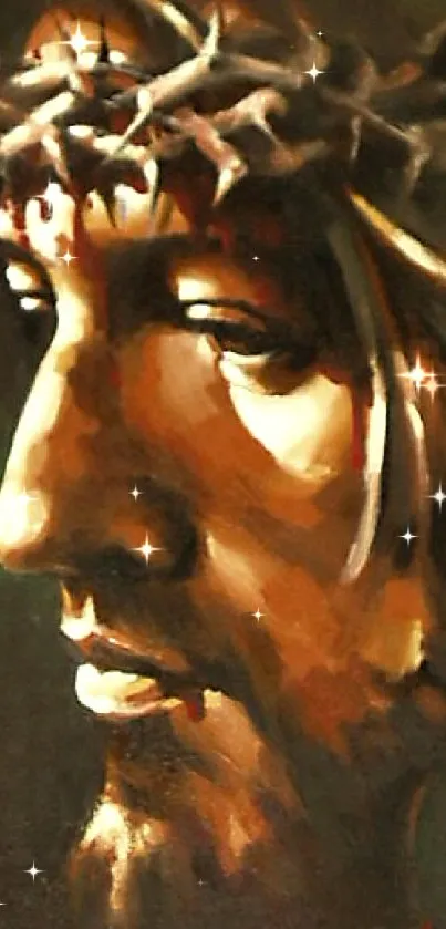 Artistic portrait of Jesus with warm, brown tones and soft lighting.