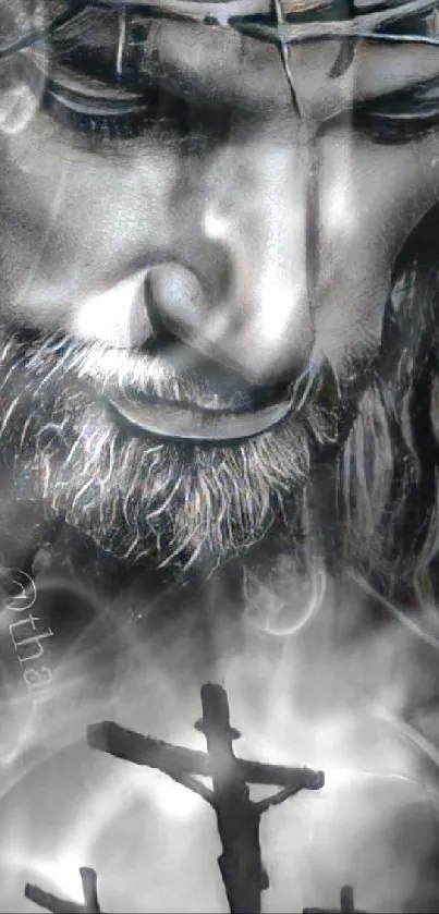 Artistic Jesus portrait with crosses in a grayscale design.