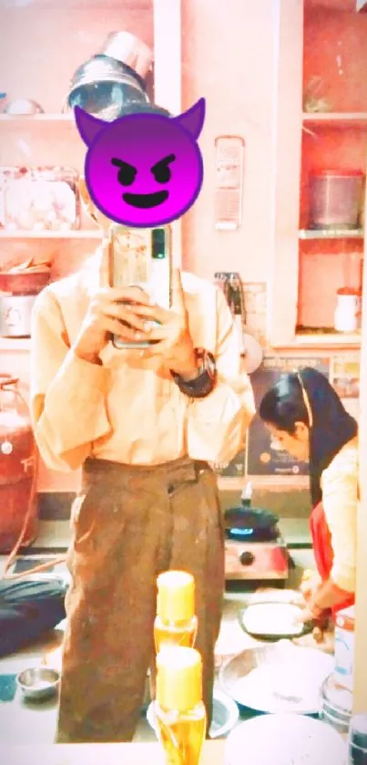 Creative kitchen mirror reflection with emoji mask.