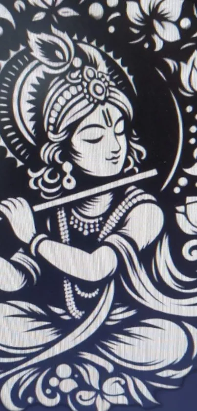 Krishna artwork in black and white with flute and intricate detailing.