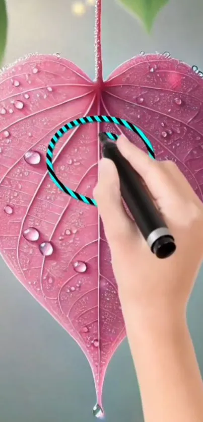 A hand drawing on a pink leaf with water droplets on it.