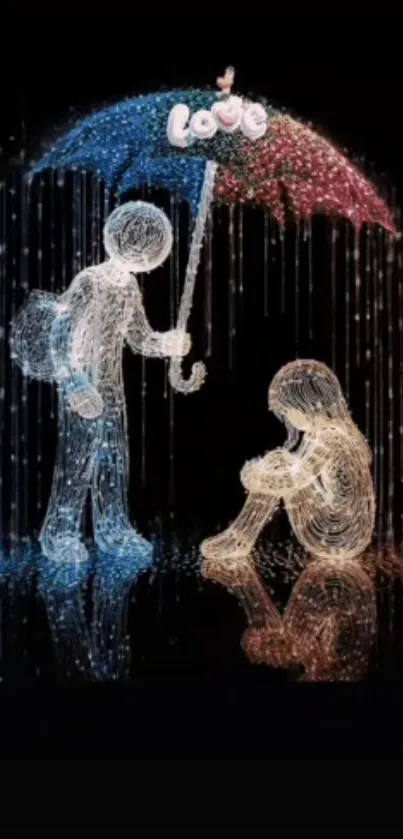 Artistic LED lights form love-filled umbrella scene on mobile wallpaper.