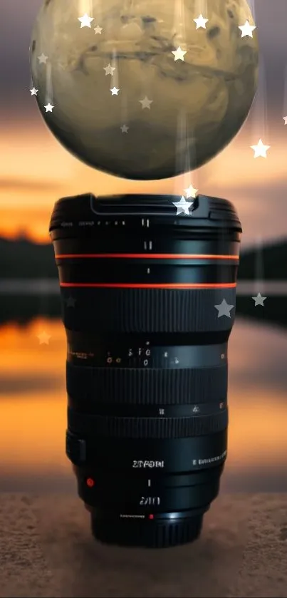 Surreal scene with lens and planet, adorned by stars and sunset.