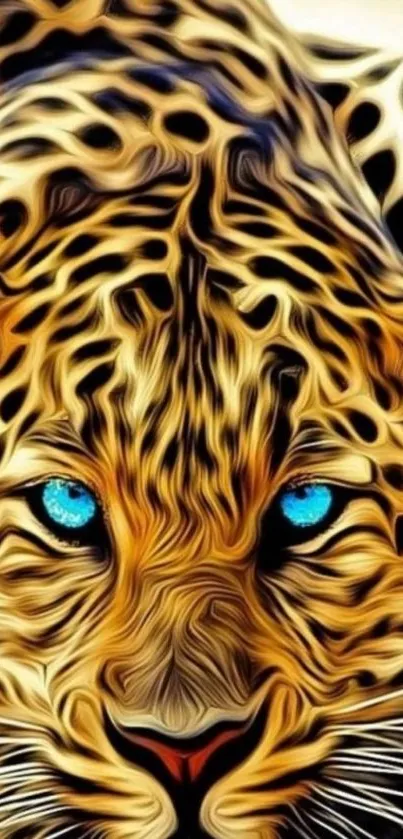 Artistic leopard face with intense blue eyes, vibrant and detailed design.