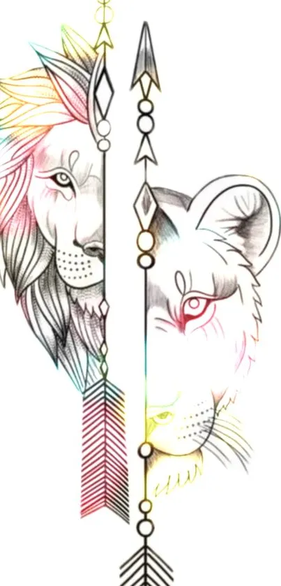 Artistic sketch of a lion and lioness with colorful accents on a light gray background.