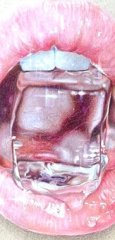 Drawing of lips with ice cube and pink pencils.