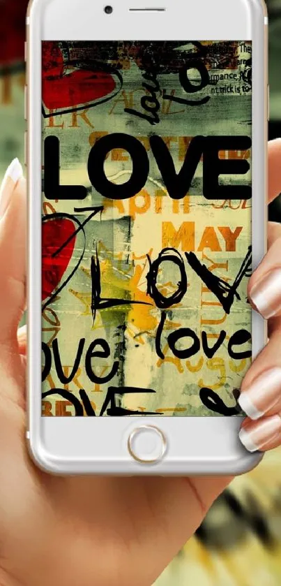 Artistic love graffiti design on phone wallpaper.