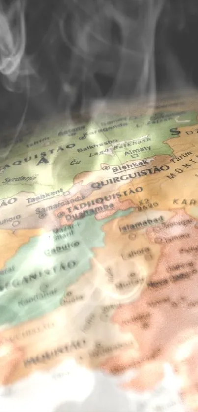 Artistic map with smoke overlay, featuring various regions.
