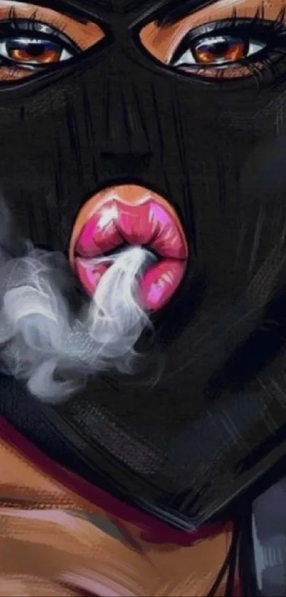 Artistic wallpaper featuring a masked portrait with vivid lips and smoke.