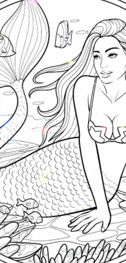 Black and white mermaid line drawing with oceanic theme.