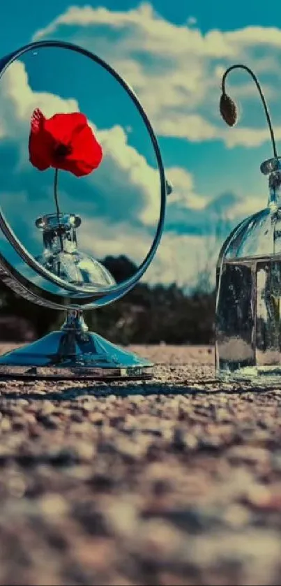 Red flower mirrored with blue sky backdrop.