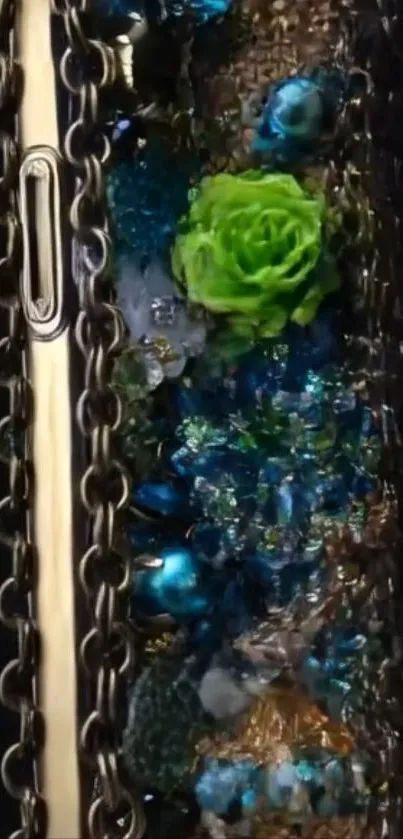 Intricate phone case with vibrant decoration and chains