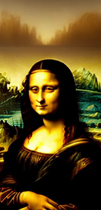 Artistic interpretation of the Mona Lisa with vibrant colors for a phone wallpaper.