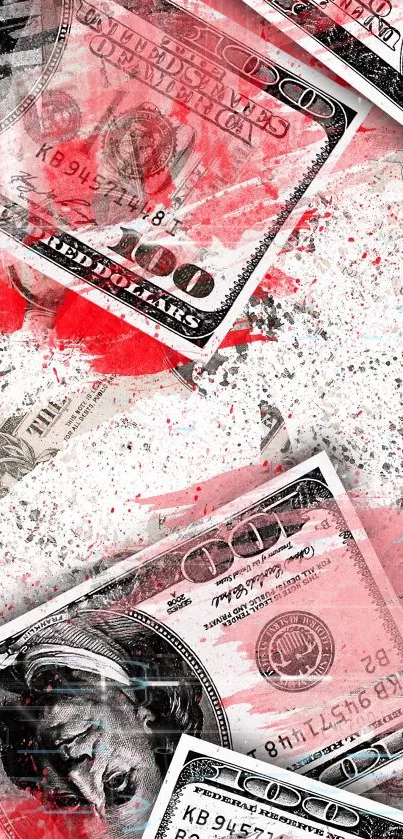 Artistic money wallpaper with pink and red splatter over US dollar bills.