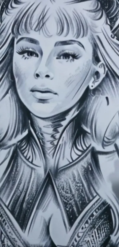 Monochrome artistic sketch of a female portrait with intricate details.