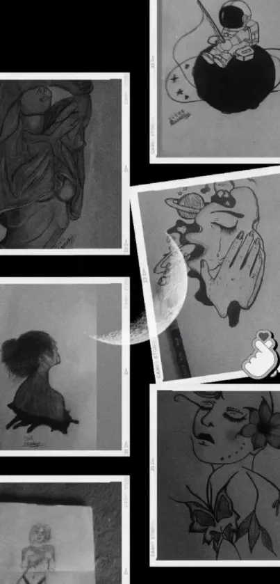 Artistic monochrome collage of pencil sketches on a black background.