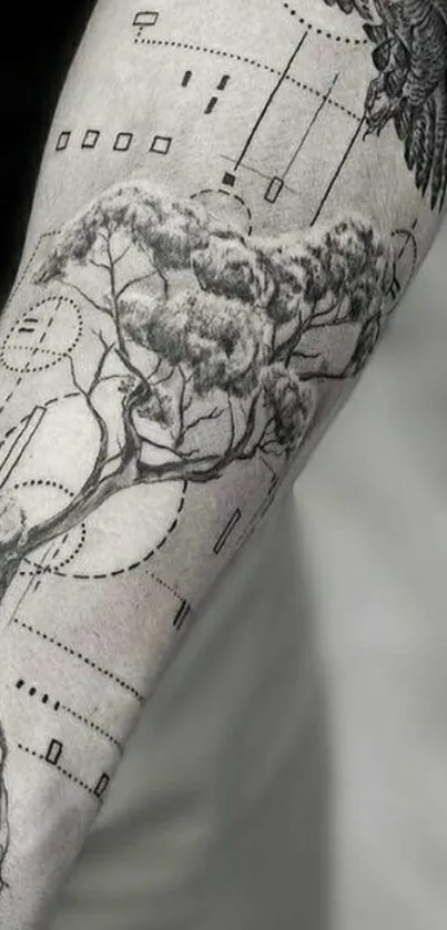 Monochrome tattoo of tree and bird on forearm.