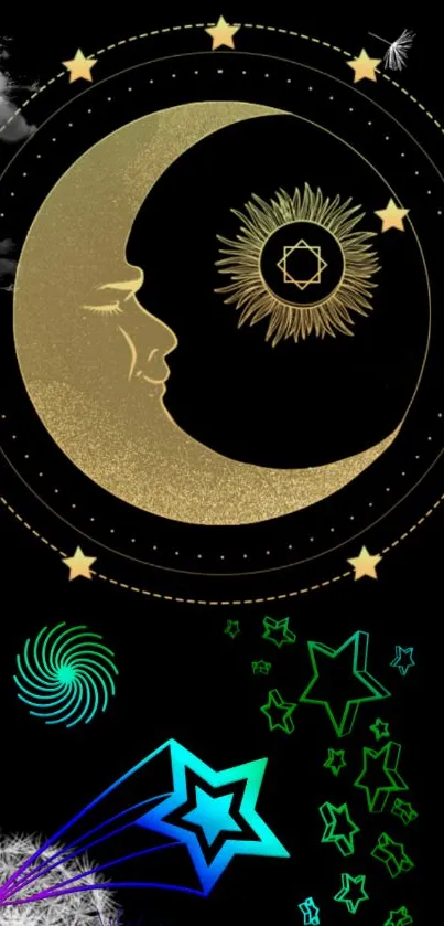 Artistic moon and stars in a whimsical celestial design on a black background.