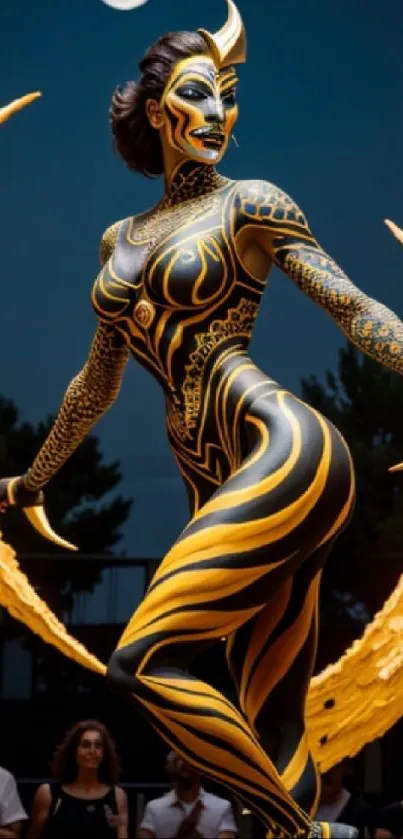 Moonlit figure with intricate body paint design against a dark night sky.