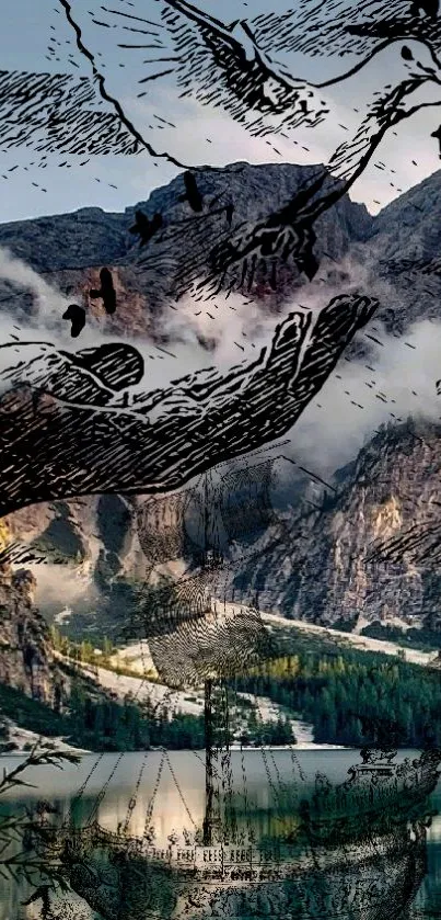 Artistic mountain landscape with hands and birds, blending nature and surreal elements.