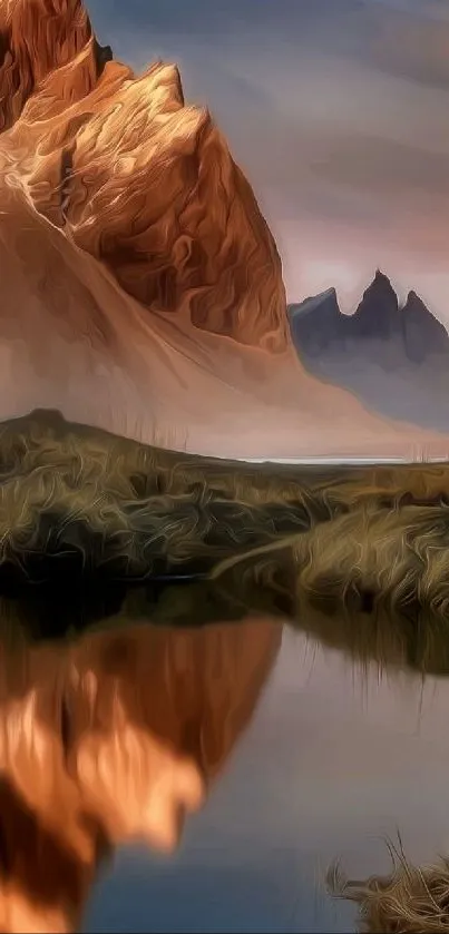 Artistic mountain landscape with serene reflection and vibrant colors.