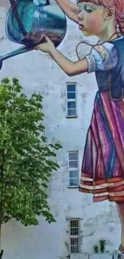 Giant mural of a girl watering a tree on a building wall.