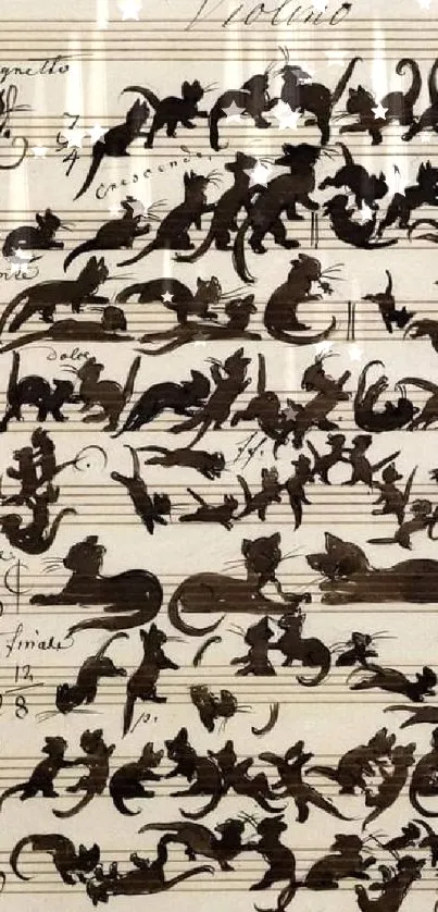 Artistic wallpaper with cats on a music sheet.
