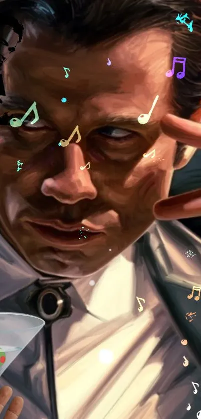 Artistic painting of a musician with colorful music notes.