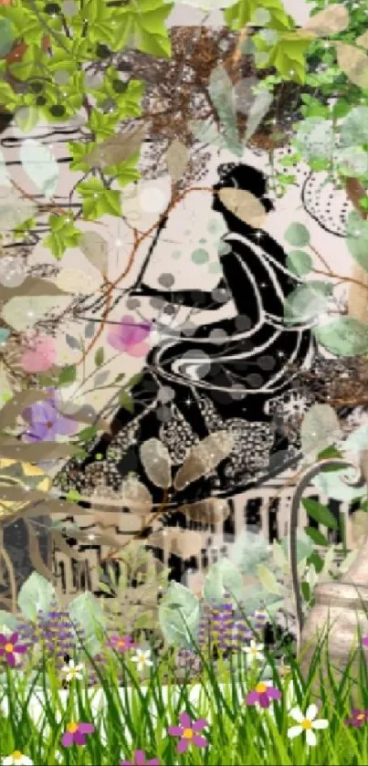 Artistic silhouette of a figure in nature with green foliage and floral design.