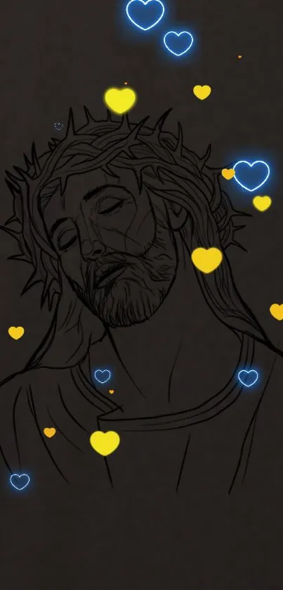 Modern depiction of Jesus with neon hearts on a black background.