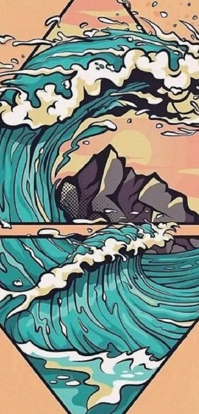 Stylized artistic ocean wave with mountains.