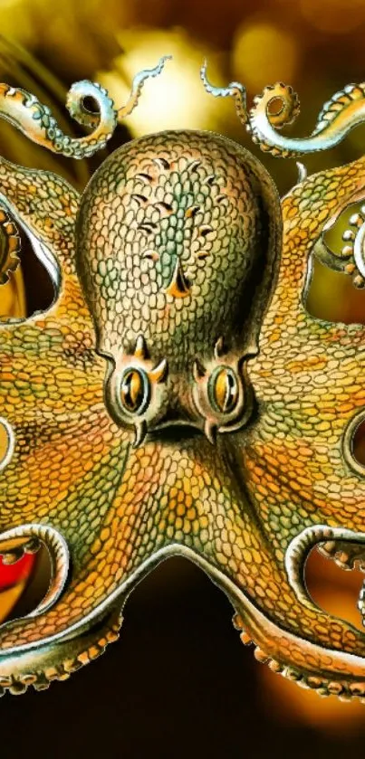 Artistic octopus in golden hues on a mobile wallpaper design.