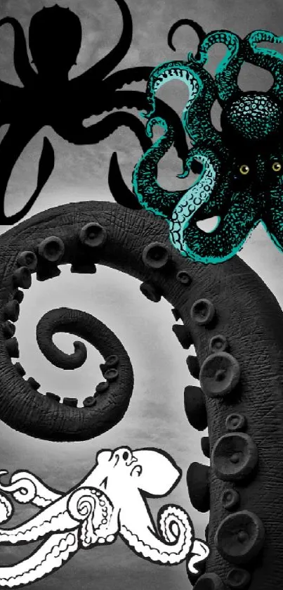 Black and teal octopus tentacle wallpaper design.