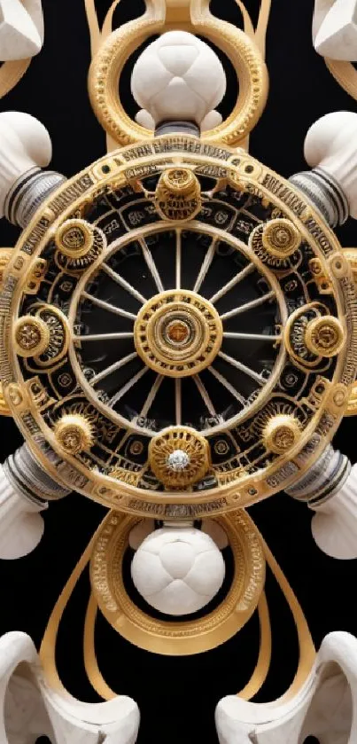 Ornate gold and white clock design on a black background wallpaper.