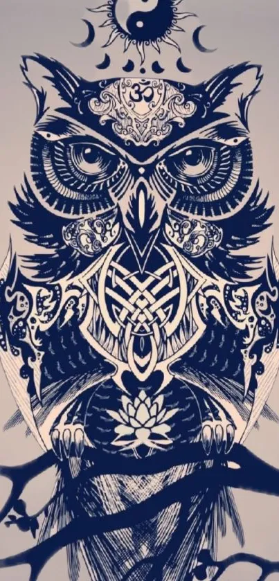 Intricate owl design with mystical symbols in navy blue tones.